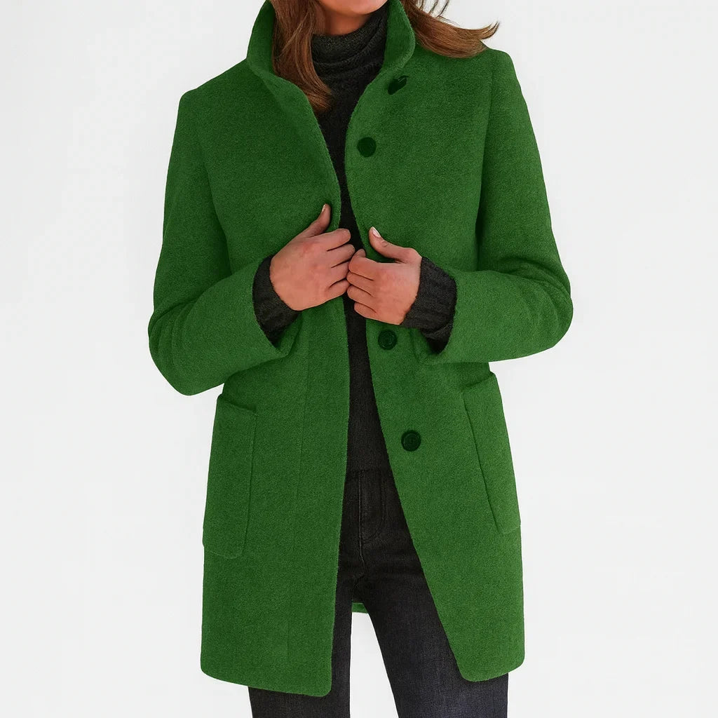Women's felted wool coat with stand collar and button-front closure – Green