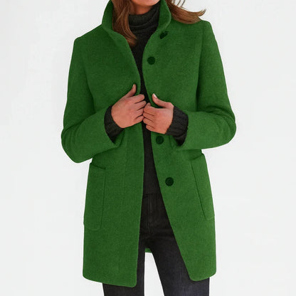 Women's felted wool coat with stand collar and button-front closure – Green