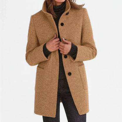 Women's felted wool coat with stand collar and button-front closure – Khaki