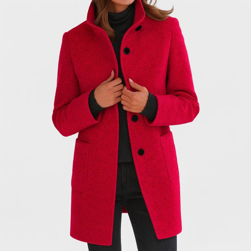 Women's felted wool coat with stand collar and button-front closure – Red