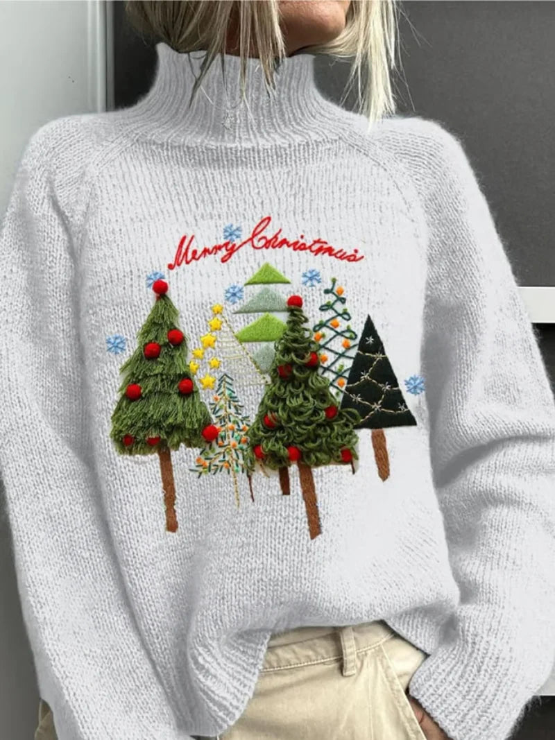 Women's festive Christmas tree embroidered knit sweater with mock-neck long-sleeves – White