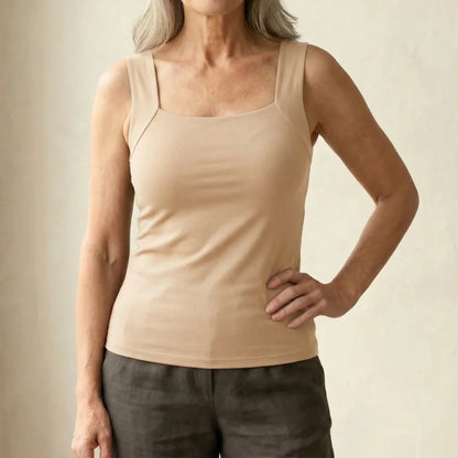 Women's fitted knit built-in bra tank top with square-neck – Beige