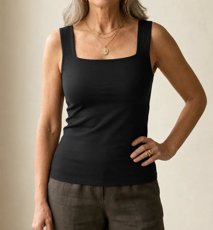 Women's fitted knit built-in bra tank top with square-neck – Black