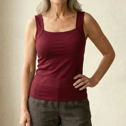 Women's fitted knit built-in bra tank top with square-neck – Burgundy