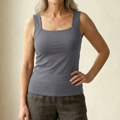 Women's fitted knit built-in bra tank top with square-neck – Grey
