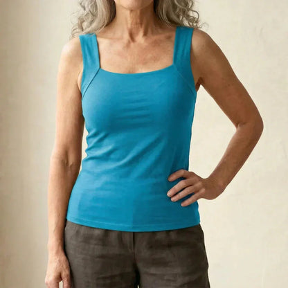 Women's fitted knit built-in bra tank top with square-neck – Turquoise