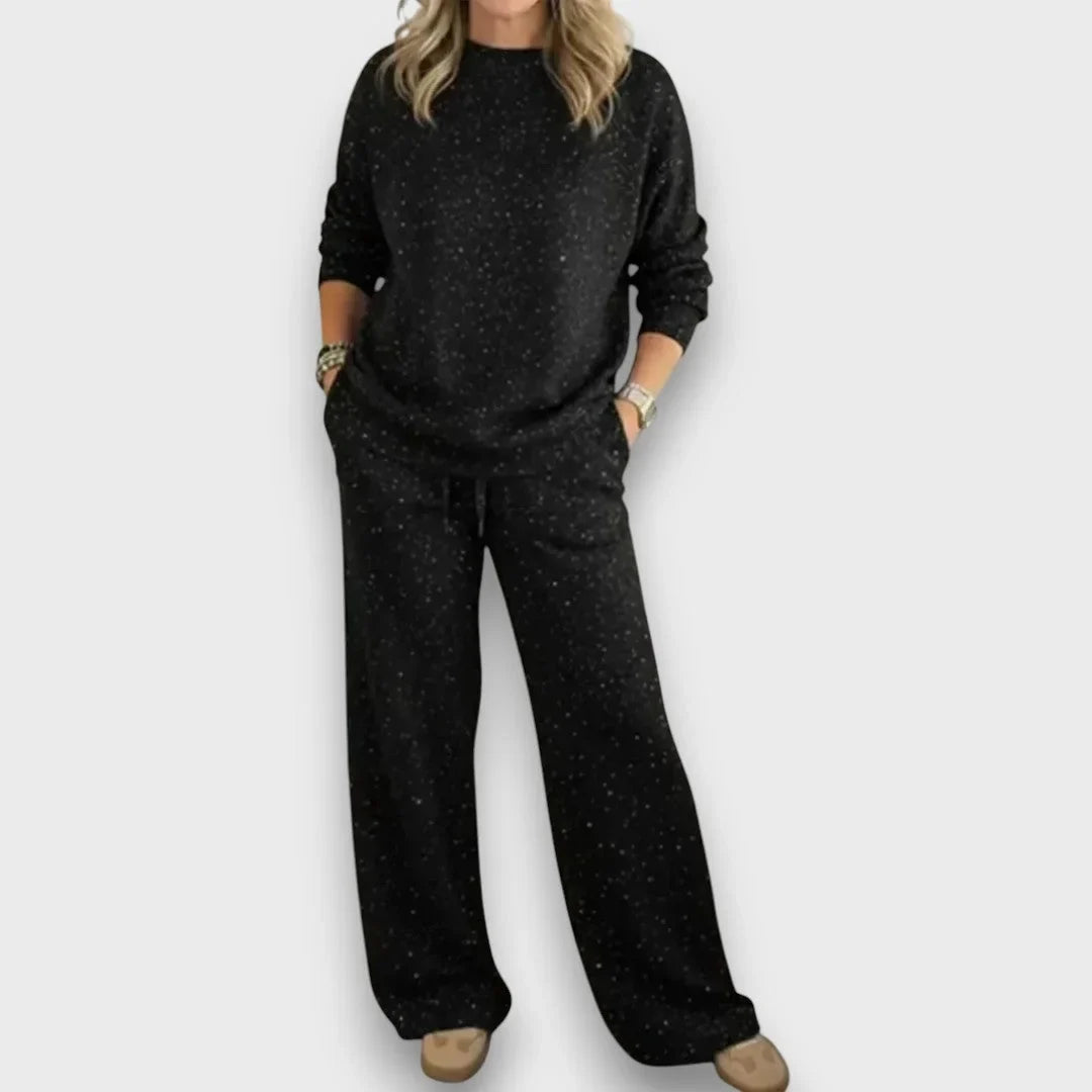 Women's flecked knit relaxed matching set with long-sleeve top wide-leg trousers – Black