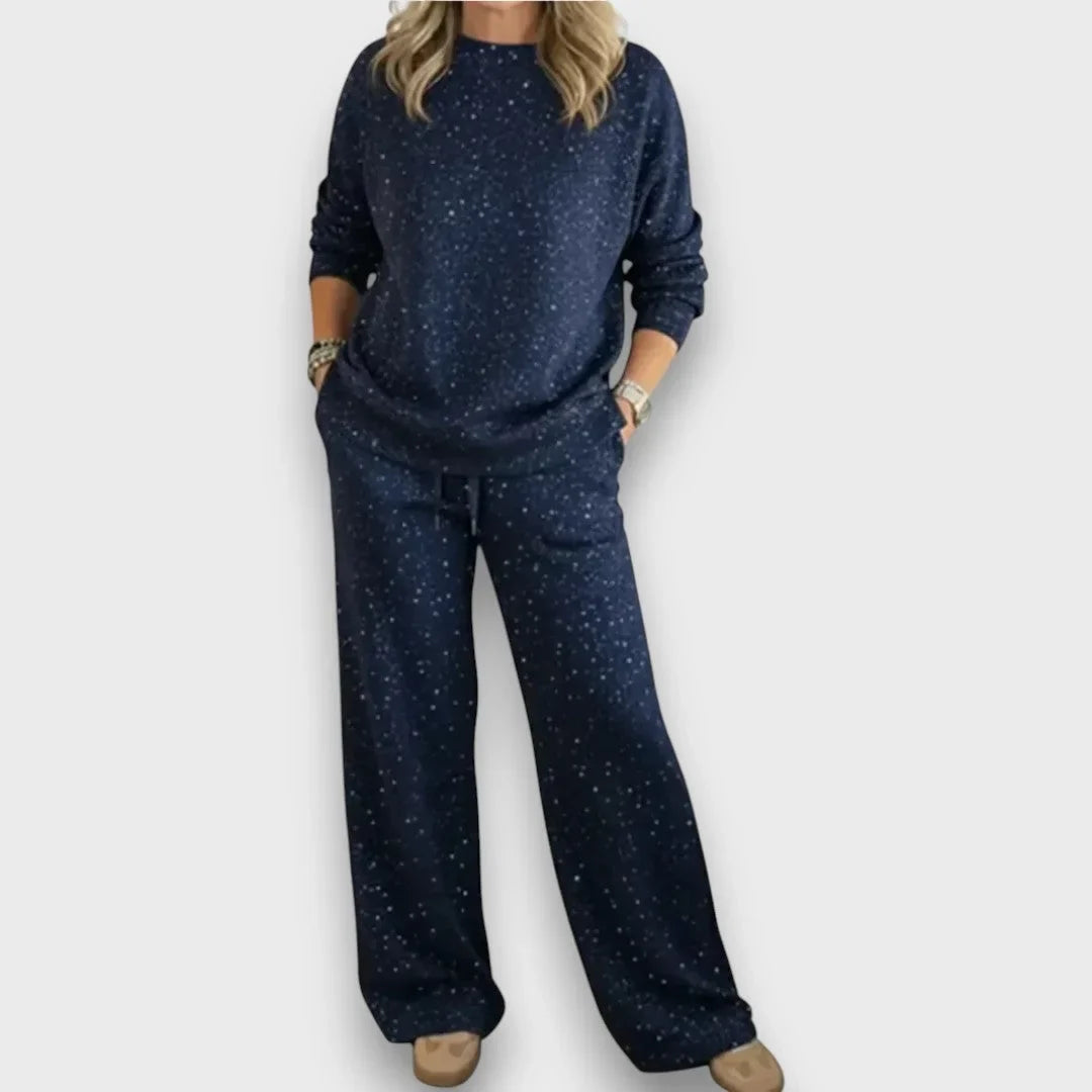 Women's flecked knit relaxed matching set with long-sleeve top wide-leg trousers – Blue