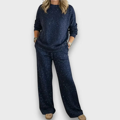 Women's flecked knit relaxed matching set with long-sleeve top wide-leg trousers – Blue