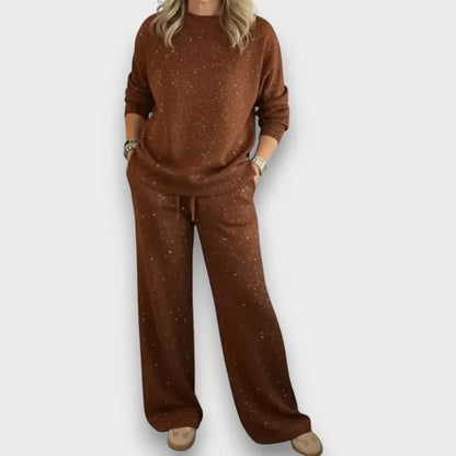 Women's flecked knit relaxed matching set with long-sleeve top wide-leg trousers – Brown