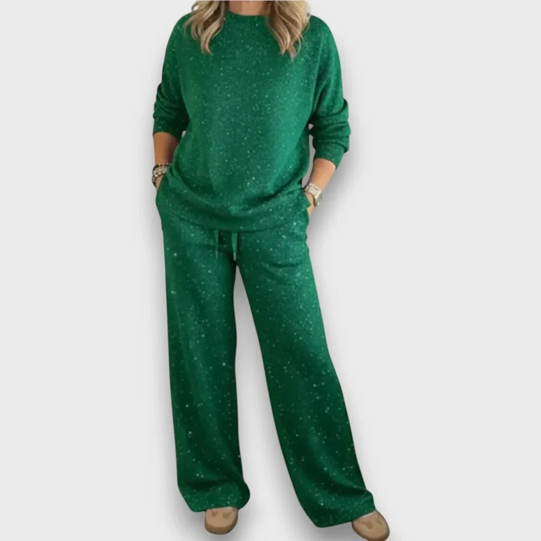 Women's flecked knit relaxed matching set with long-sleeve top wide-leg trousers – Green