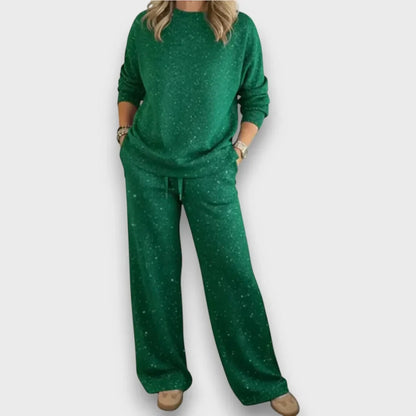 Women's flecked knit relaxed matching set with long-sleeve top wide-leg trousers – Green