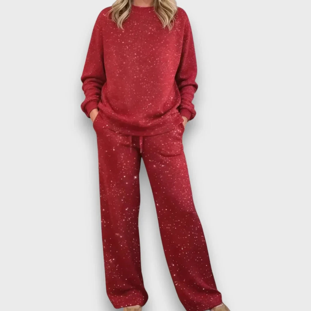 Women's flecked knit relaxed matching set with long-sleeve top wide-leg trousers – Red