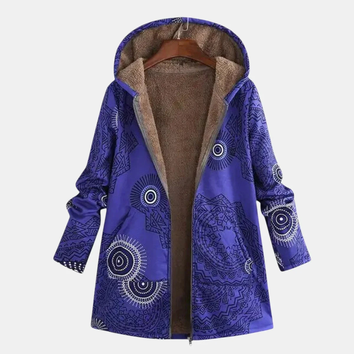 Women's fleece-lined mandala-print long hoodie with full-zip closure – Blue