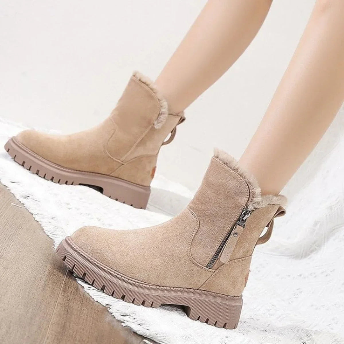 Women's fleece-lined suede slip-on winter ankle boots