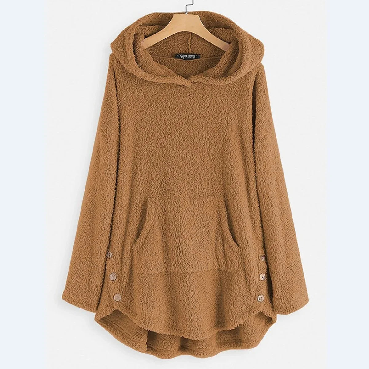 Women's fleece zip-up hooded cat pocket sweater – Beige