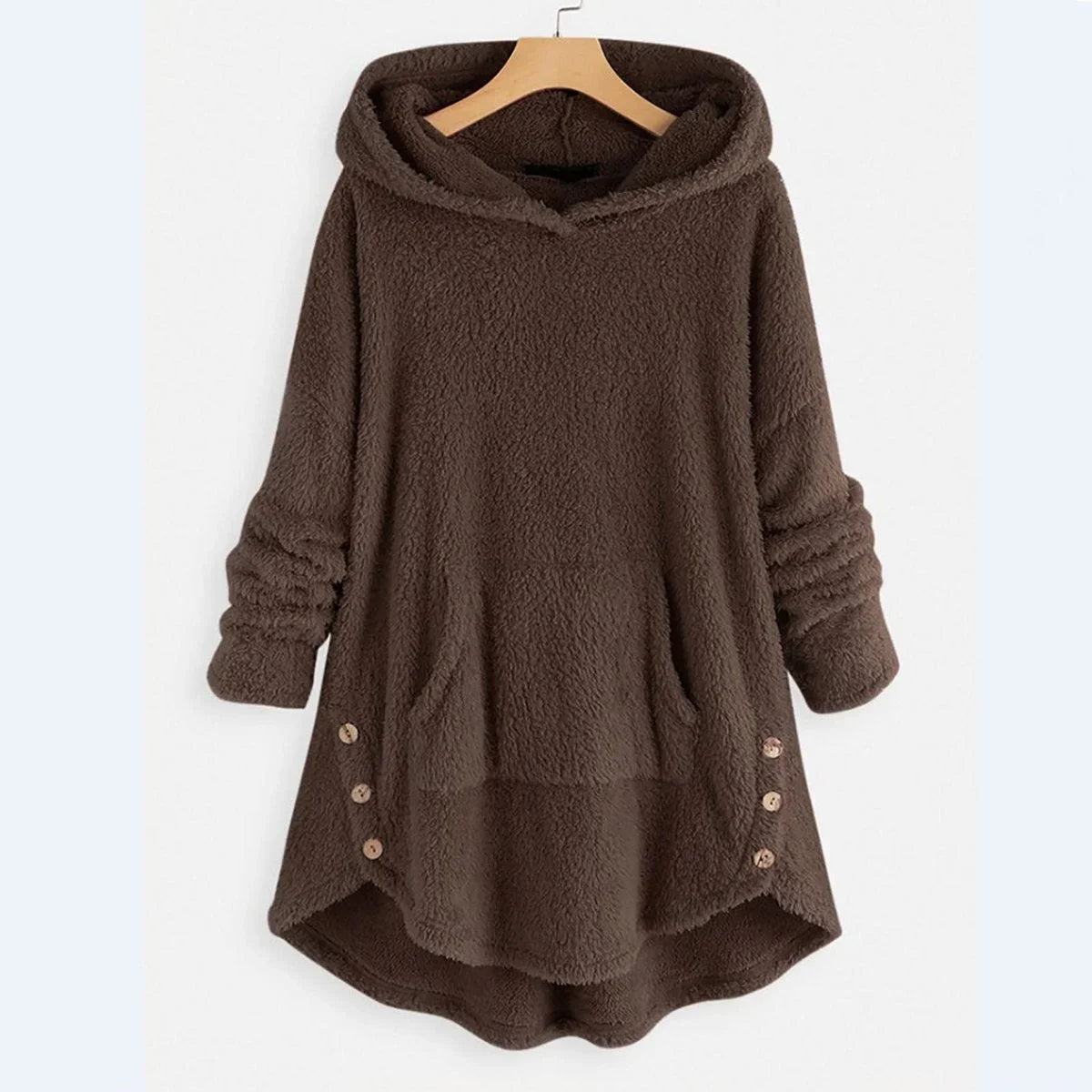 Women's fleece zip-up hooded cat pocket sweater – Brown