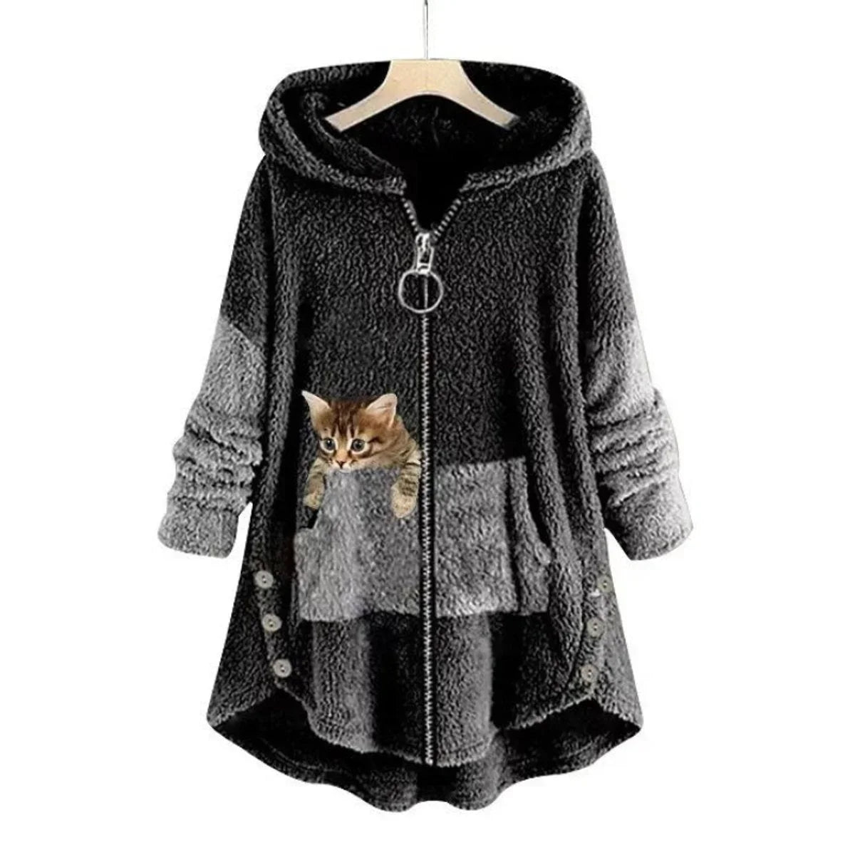 Women's fleece zip-up hooded cat pocket sweater – Dark Gray