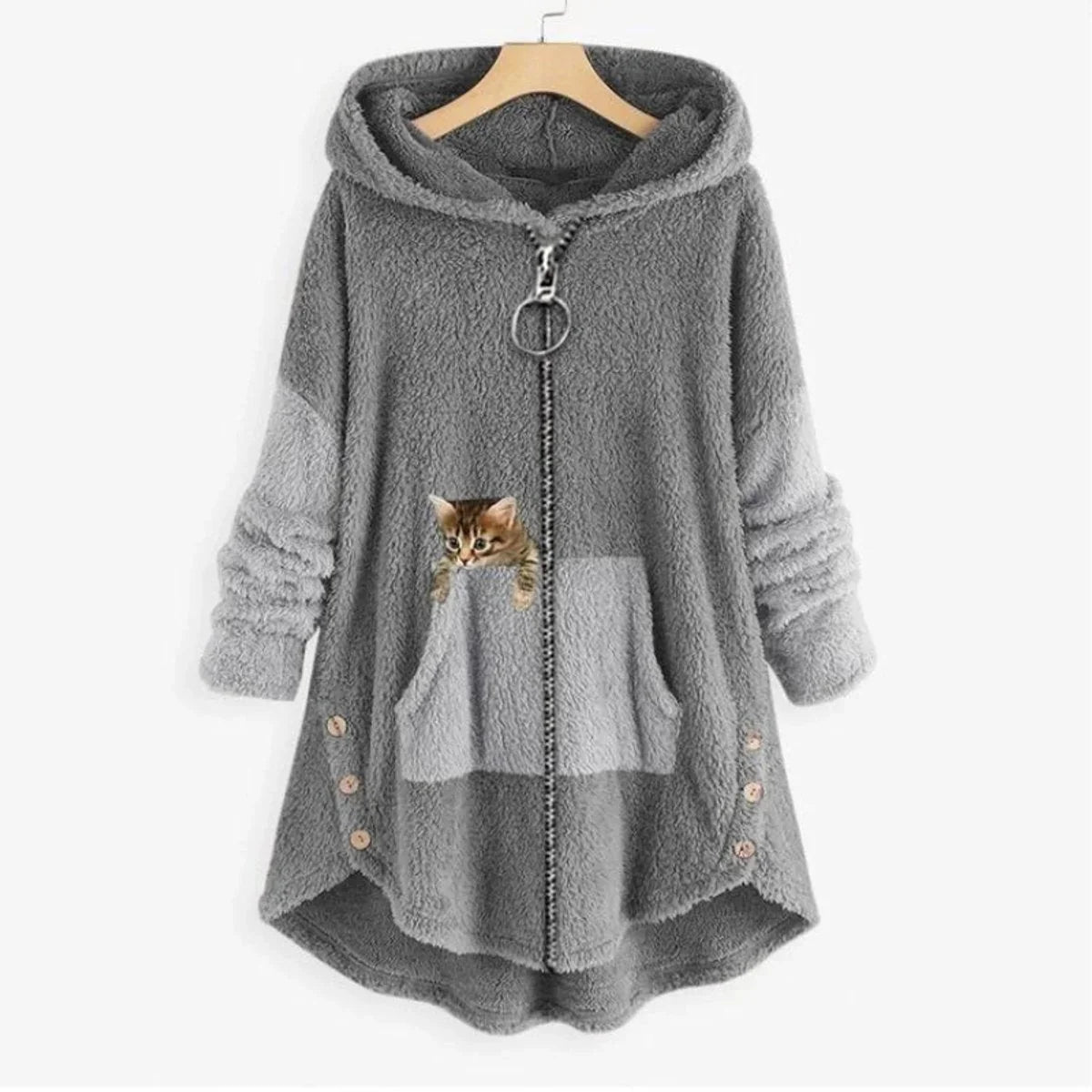 Women's fleece zip-up hooded cat pocket sweater – Gray