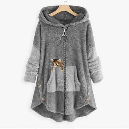 Women's fleece zip-up hooded cat pocket sweater – Gray