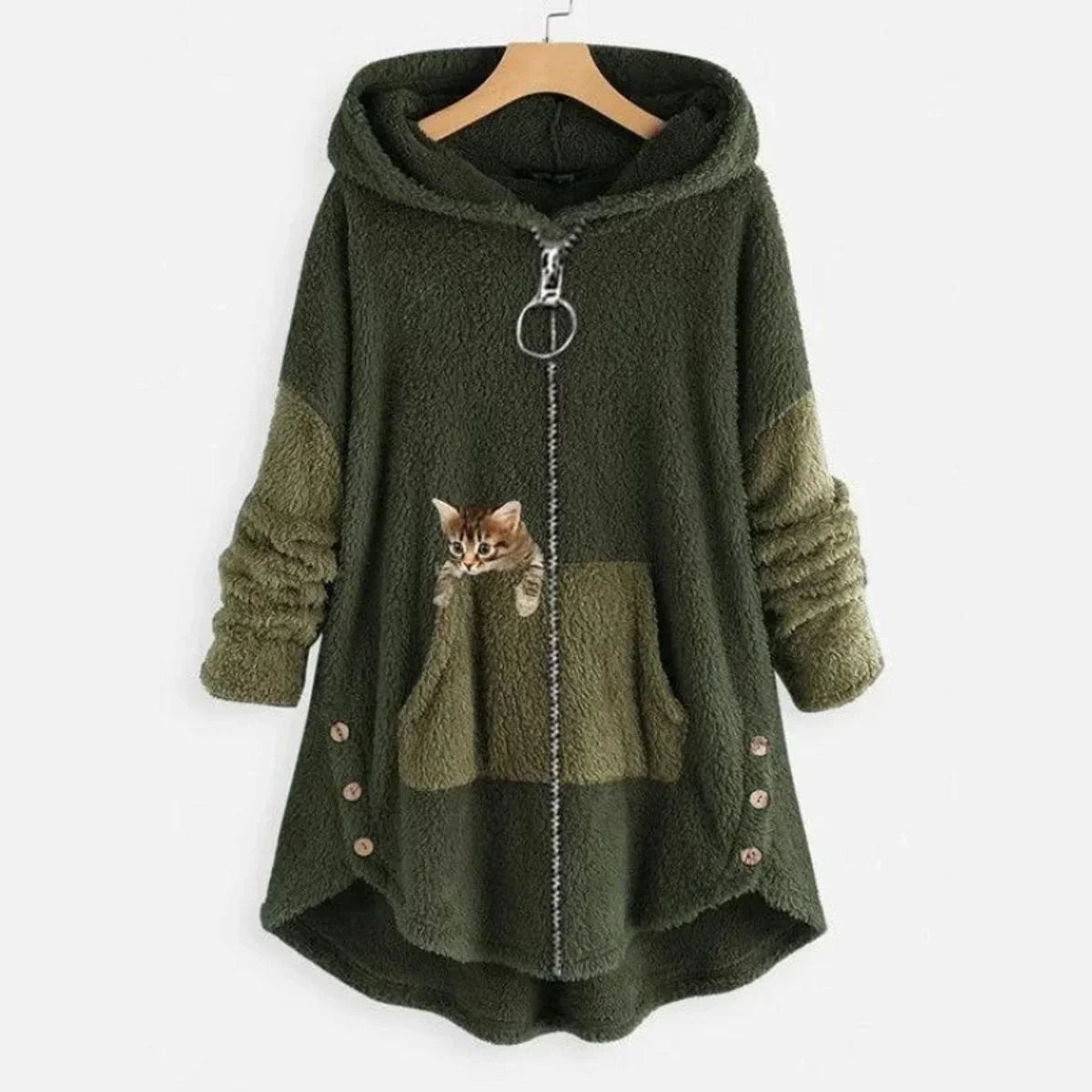Women's fleece zip-up hooded cat pocket sweater – Green