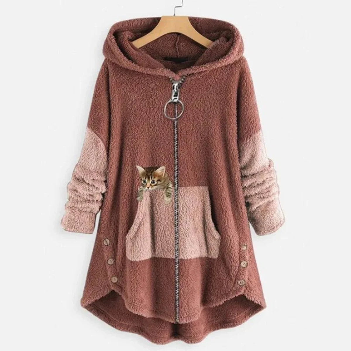 Women's fleece zip-up hooded cat pocket sweater – Pink