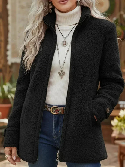 Women's fleece zip-up teddy coat stand collar – Black
