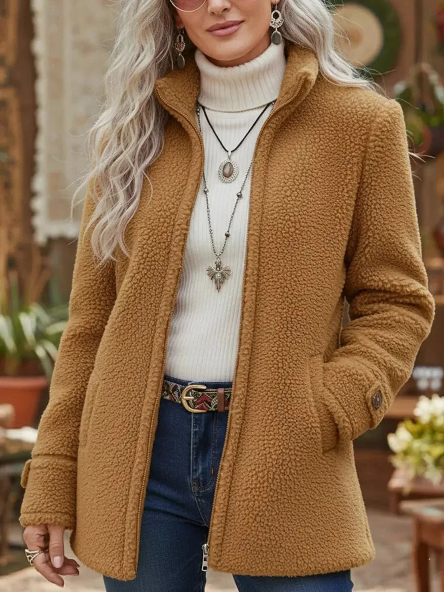 Women's fleece zip-up teddy coat stand collar – Camel