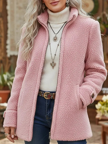 Women's fleece zip-up teddy coat stand collar – Pink