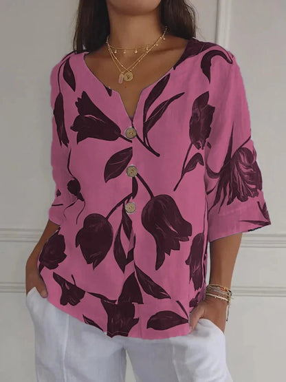 Women's floral 3/4-sleeve blouse with V-neck button-up detail – Pink (Almost sold out)