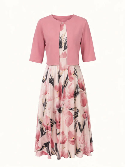 Women's floral A-line maxi dress set with cropped 3/4-sleeve open-front jacket – Pink