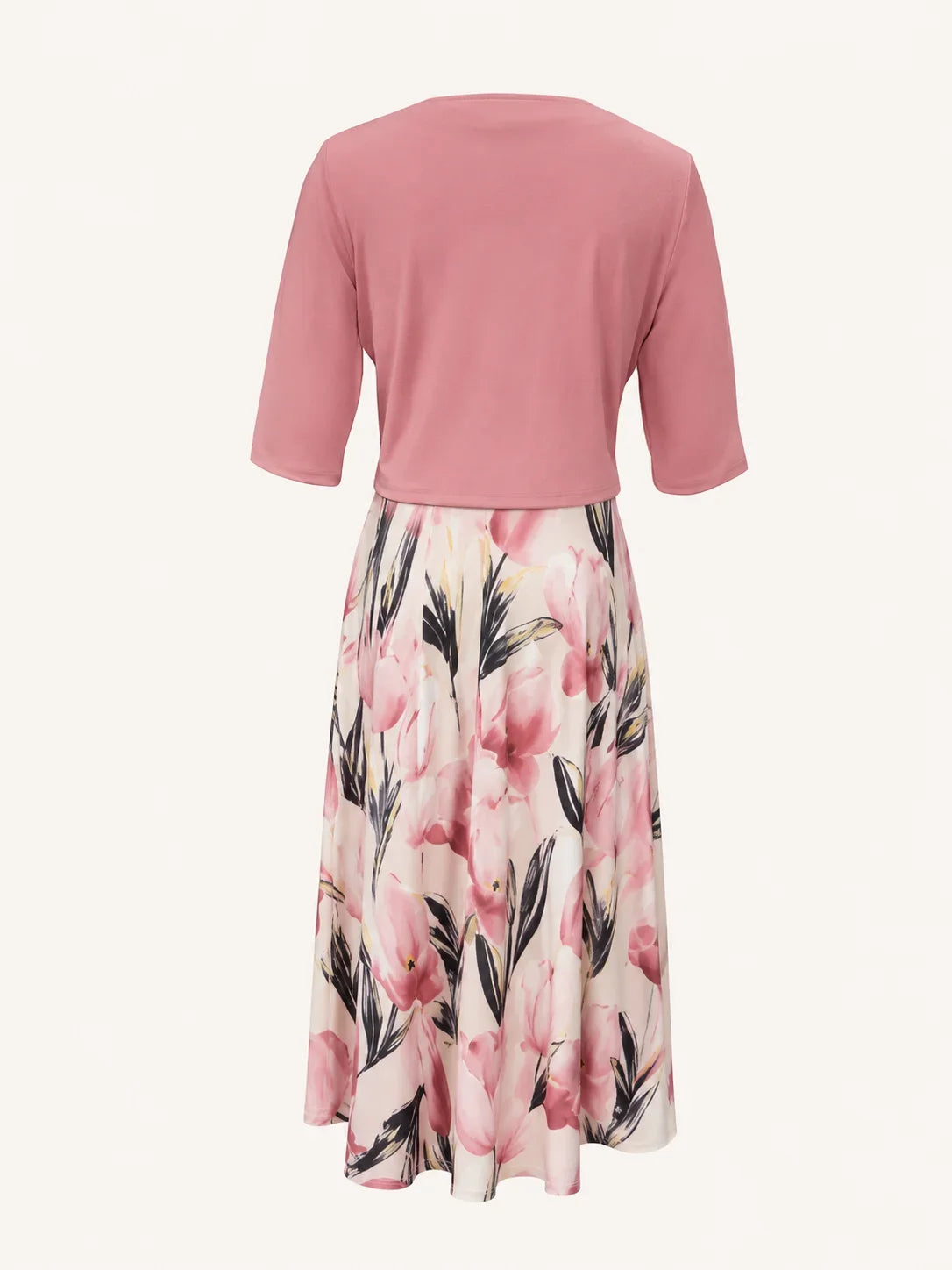 Women's floral A-line maxi dress set with cropped 3/4-sleeve open-front jacket – Pink