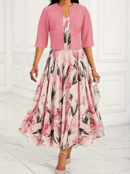 Women's floral A-line maxi dress set with cropped 3/4-sleeve open-front jacket – Pink