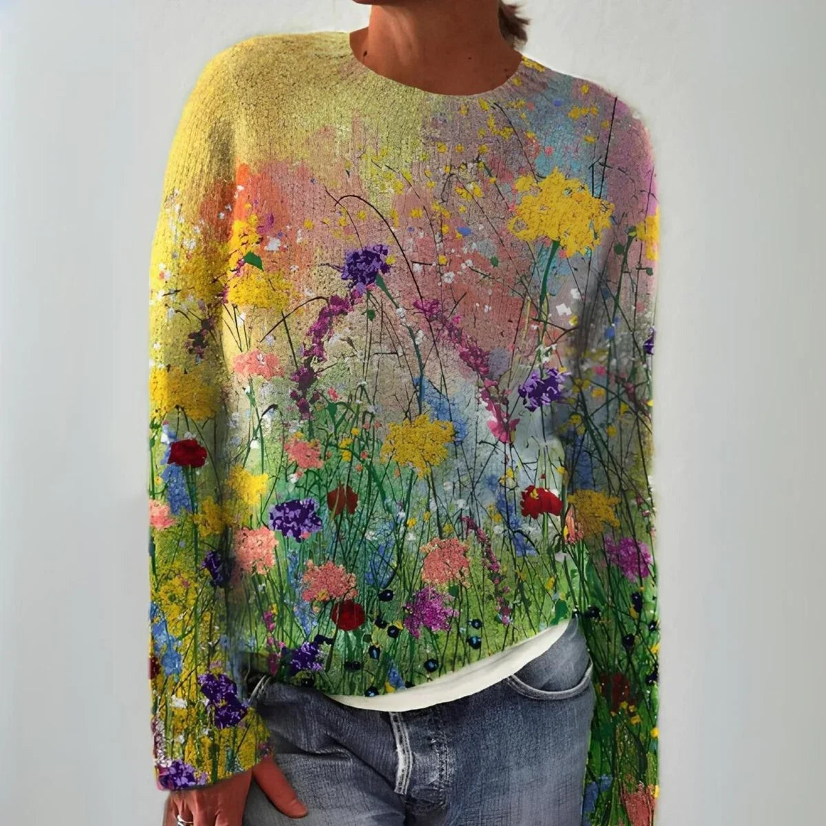 Women's floral art print long-sleeve knit sweater – Multicolor