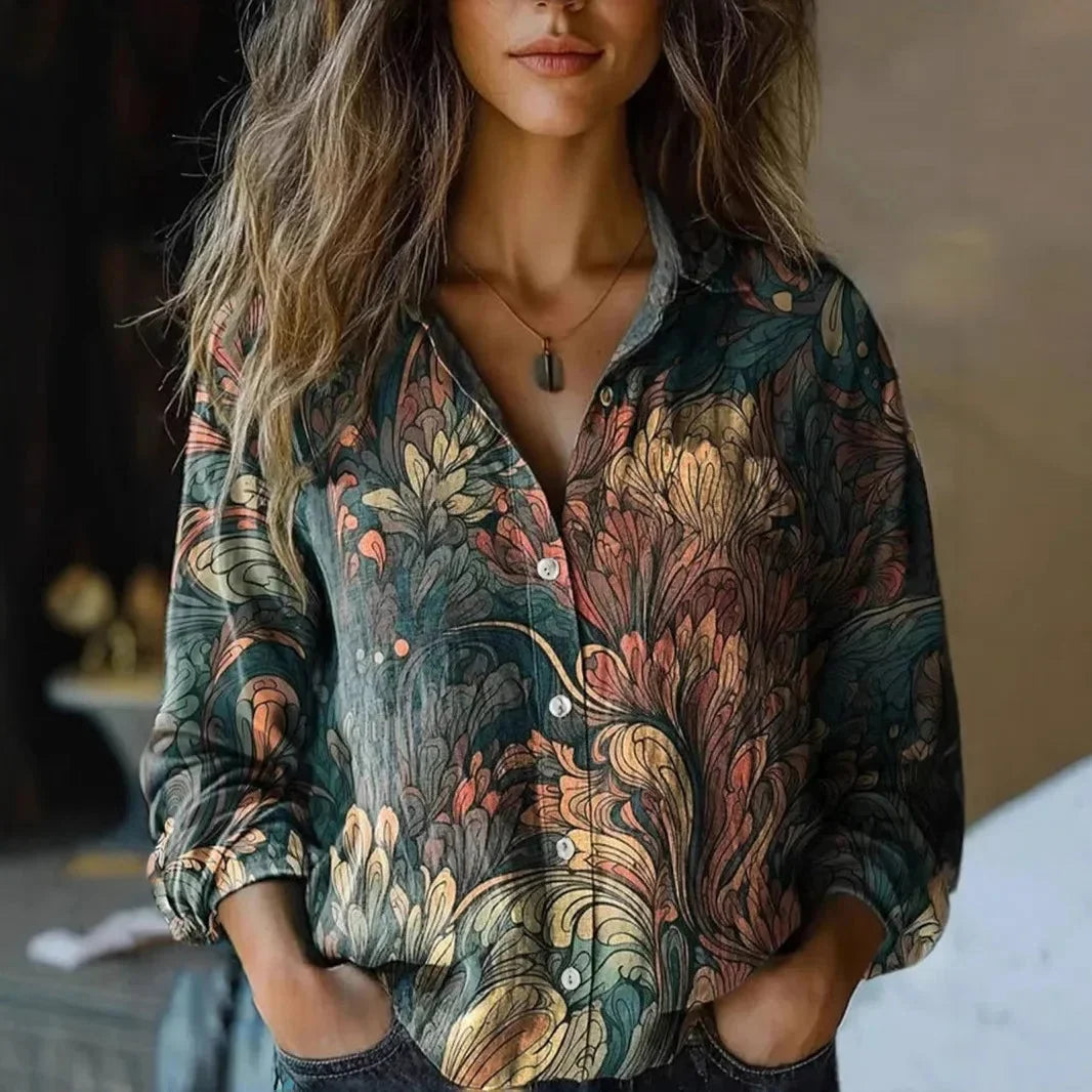 Women's floral collared button-down shirt with long sleeves and chest pockets – Dark Green