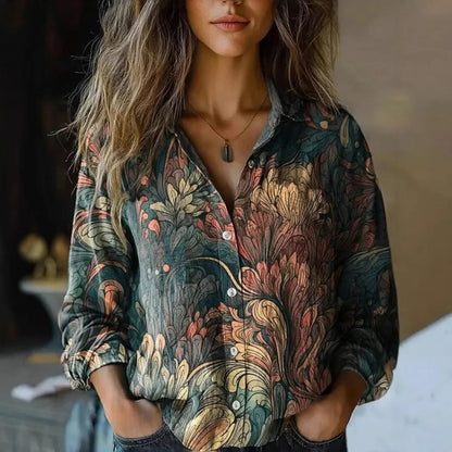 Women's floral collared button-down shirt with long sleeves and chest pockets – Dark Green