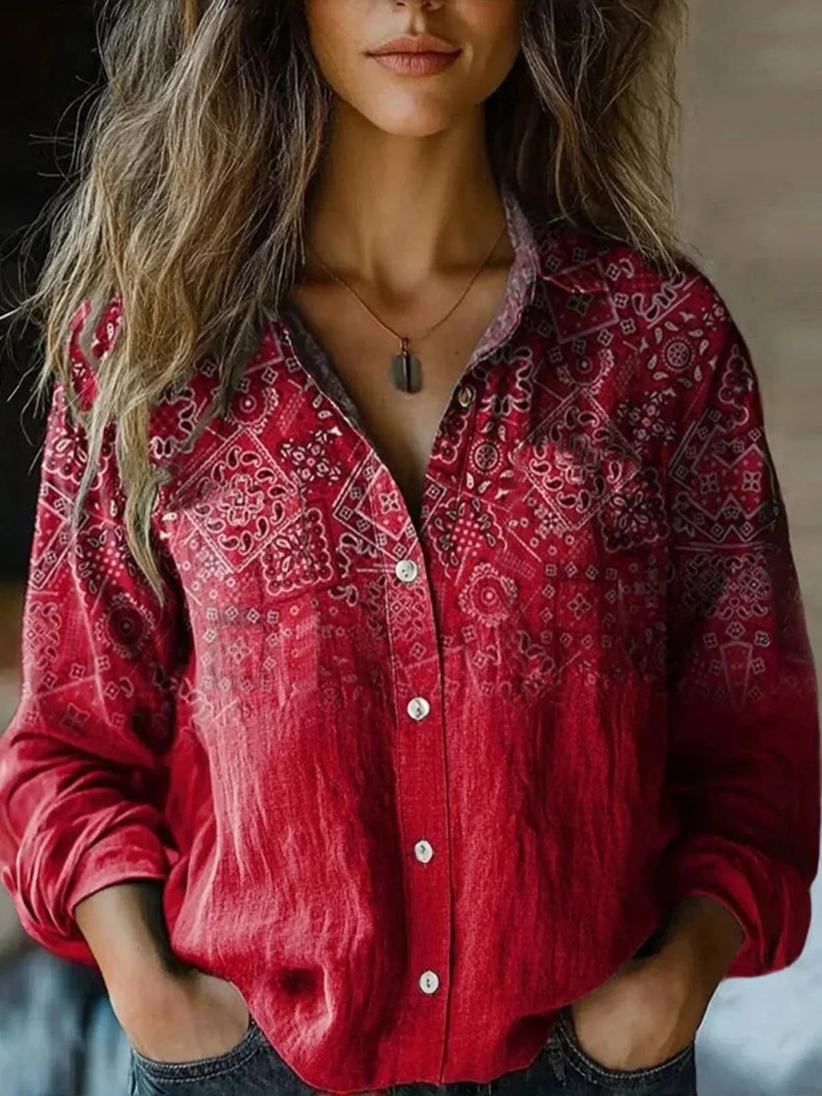 Women's floral collared button-down shirt with long sleeves and chest pockets – Deep Red