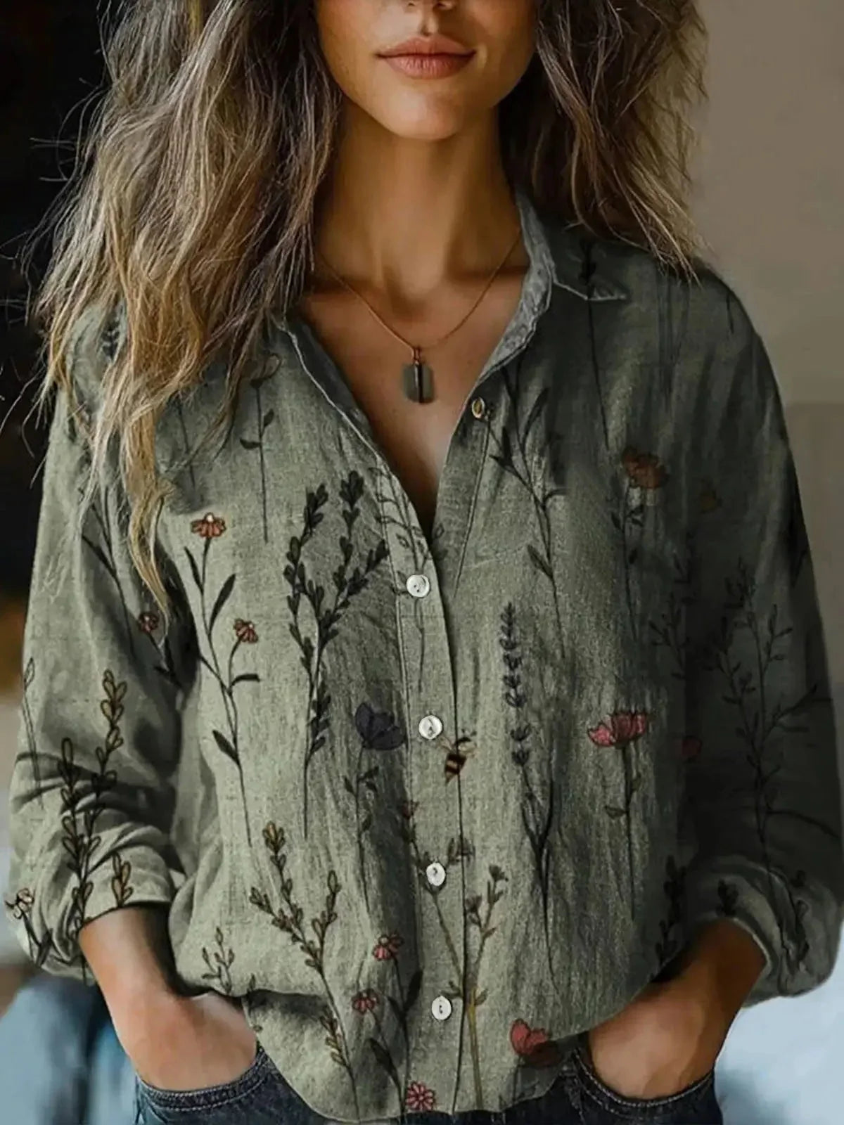 Women's floral collared button-down shirt with long sleeves and chest pockets – Olive Green