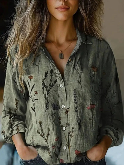 Women's floral collared button-down shirt with long sleeves and chest pockets – Olive Green