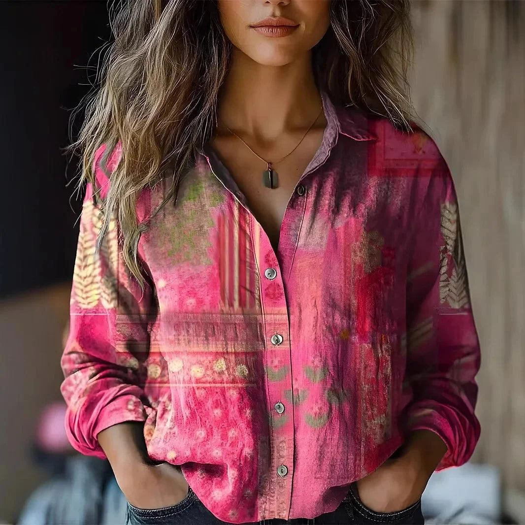 Women's floral collared button-down shirt with long sleeves and chest pockets – Pink