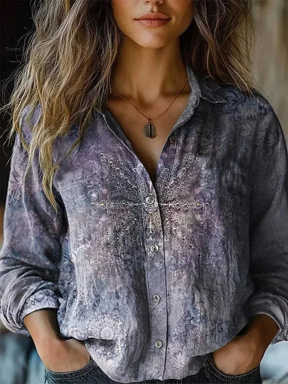 Women's floral collared button-down shirt with long sleeves and chest pockets – Purple