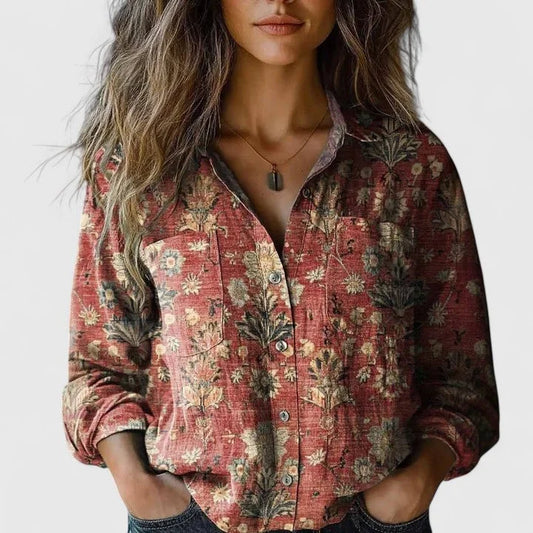 Women's floral collared button-down shirt with long sleeves and chest pockets – Red
