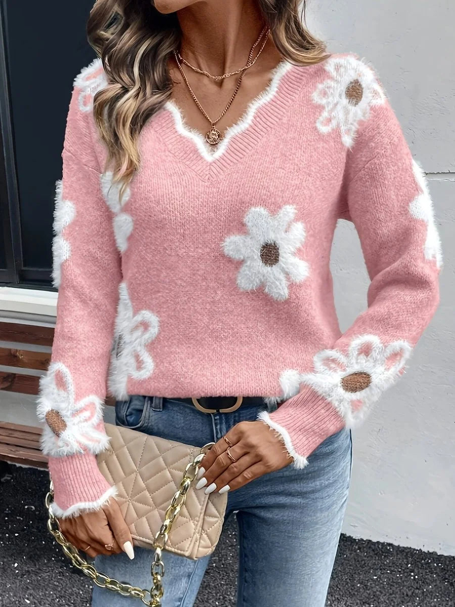 Women's floral daisy V-neck fuzzy knit sweater
