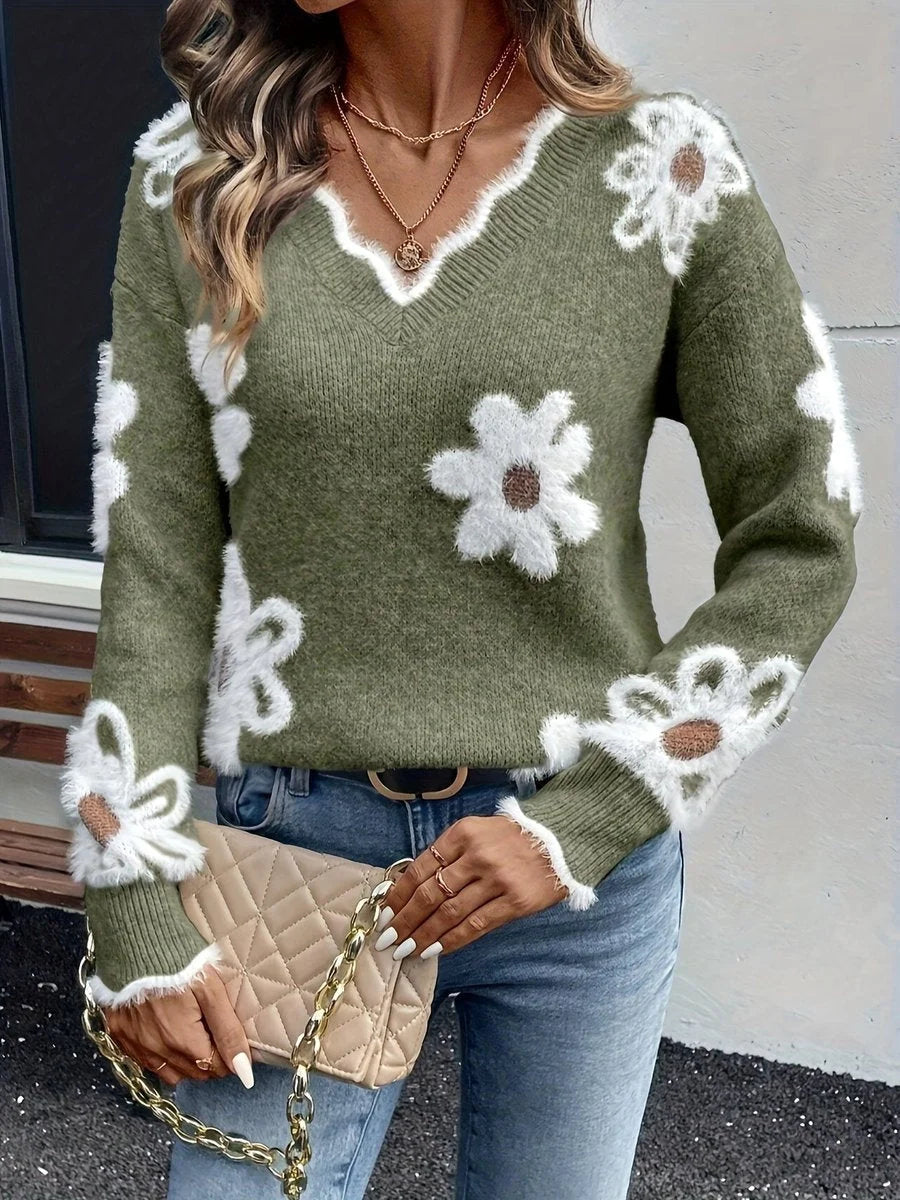 Women's floral daisy V-neck fuzzy knit sweater