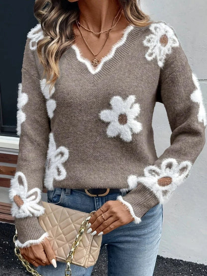 Women's floral daisy V-neck fuzzy knit sweater – Khaki