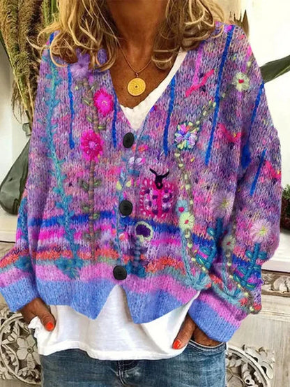 Women's floral embroidered button-front knit cardigan
