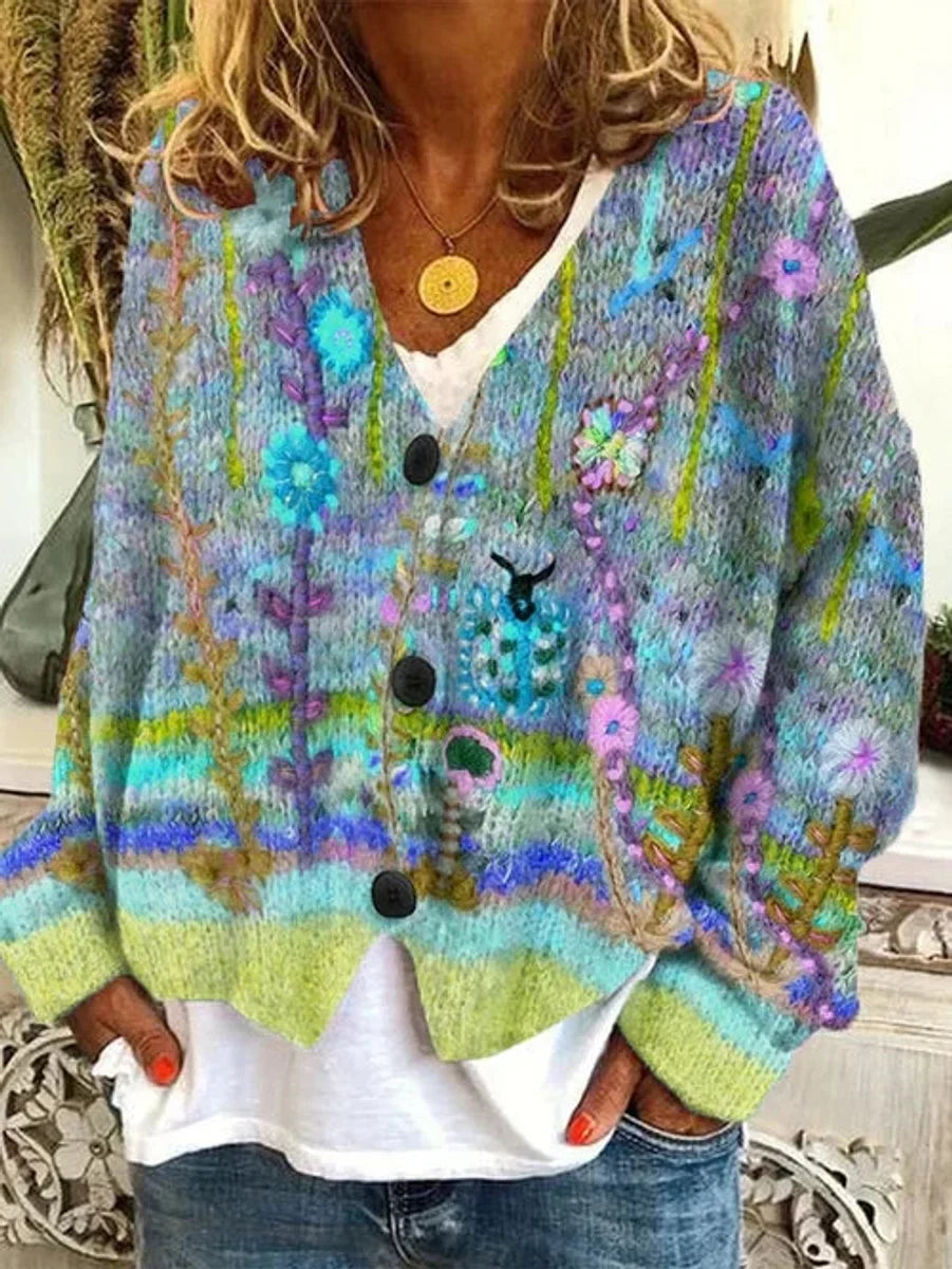 Women's floral embroidered button-front knit cardigan – Blue