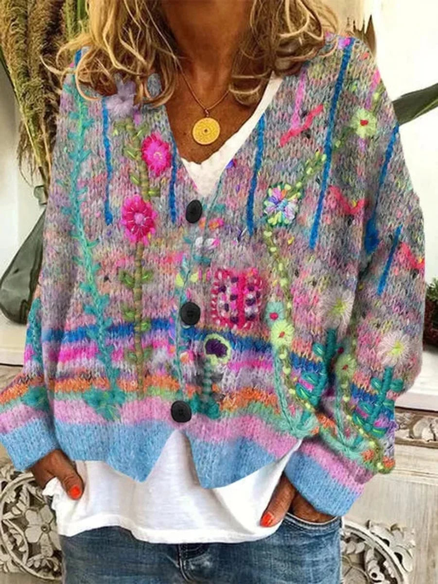 Women's floral embroidered button-front knit cardigan – Gray