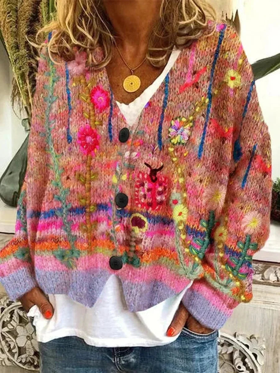 Women's floral embroidered button-front knit cardigan – Orange