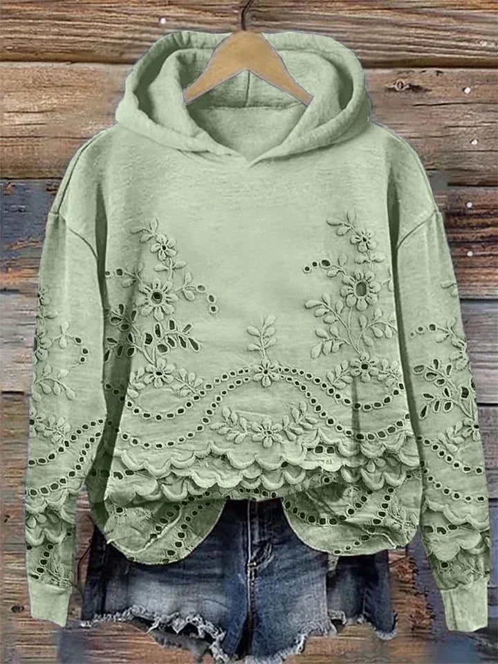 Women's floral embroidered eyelet hoodie with scalloped hem and long sleeves – Green